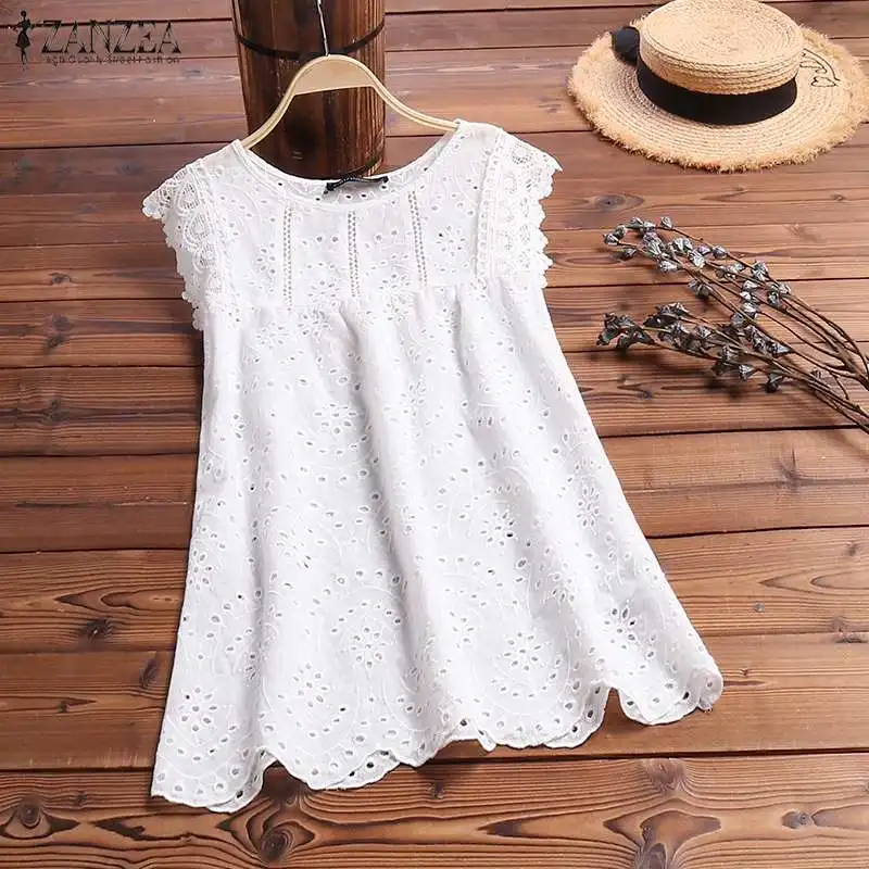 2022 Summer Hollow Out Tanks Tops ZANZEA Fashion Women Sleeveless Shirt Lace Crochet Vest Tee Solid Casual Work Blusas White Top