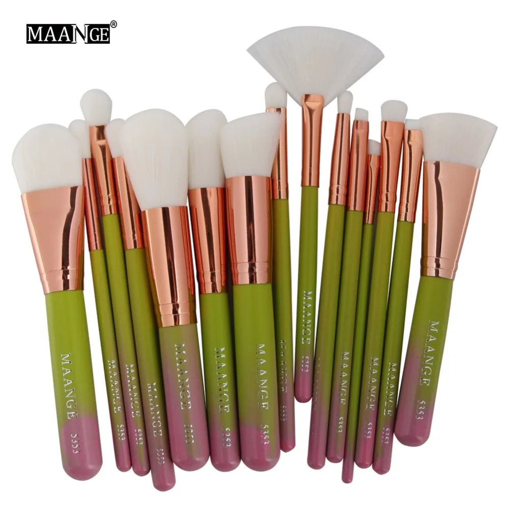15pcs Green Новинка 15 шт. набор кистей для макияжа Pro пудра основание веера Румяна Тени для век губ Косметика Кисти для макияжа и мода из искусственной кожи чехол - Handle Color: 15pcs Green