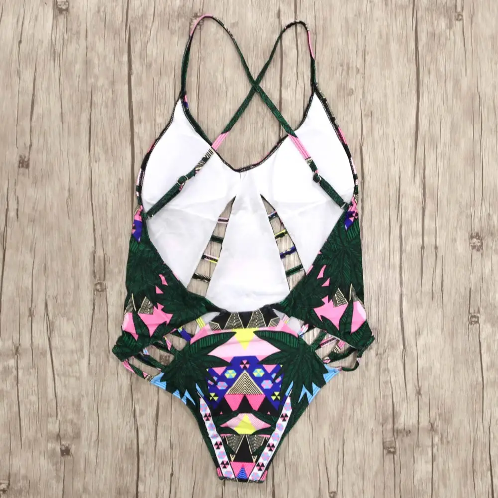 one piece swimsuit trikini sexy 2017 swimwear women floral print green leaf bandage bamboo monokini bikini | Спорт и развлечения