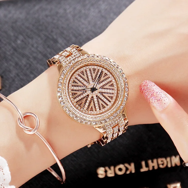 Дропшиппинг Мода 38 мм фиолетовая вращающаяся шкала женские часы прочные роскошные розовое золото ремешок из нержавеющей стали Кварцевые женские часы - Цвет: Rose Gold
