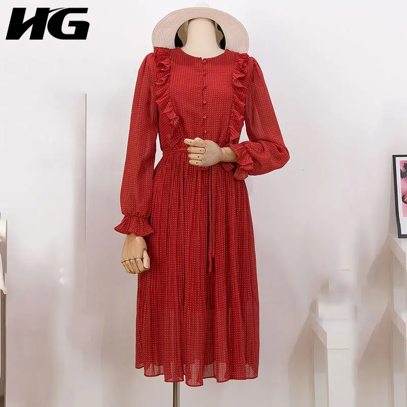 [HG] шифоновое женское весеннее Новое модное Свободное платье с круглым вырезом и