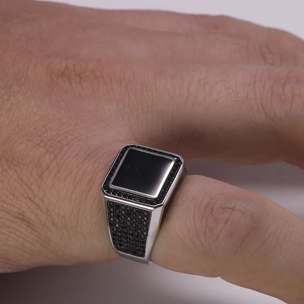 Real 925 Sterling Silver Rings Turkish Rings For Men Rings With Square Imitated Stone Black Micro Pave Zircon Turkey Jewelry