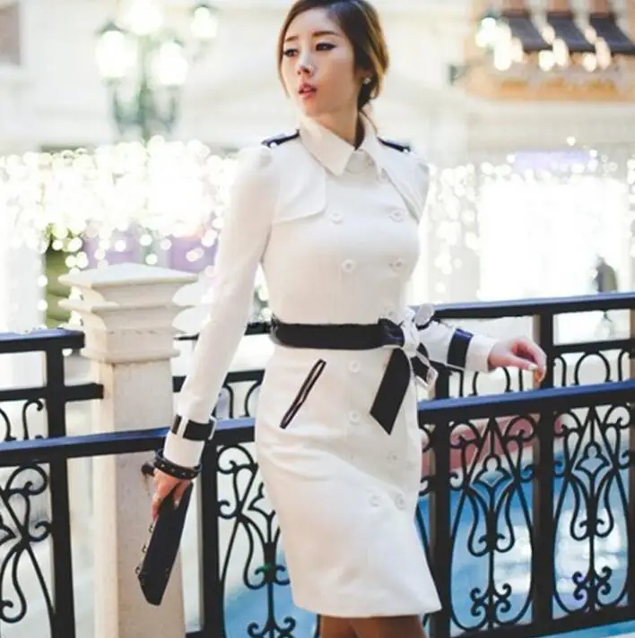 Двубортный тренчкот Женское пальто средней длины с длинным рукавом Женский