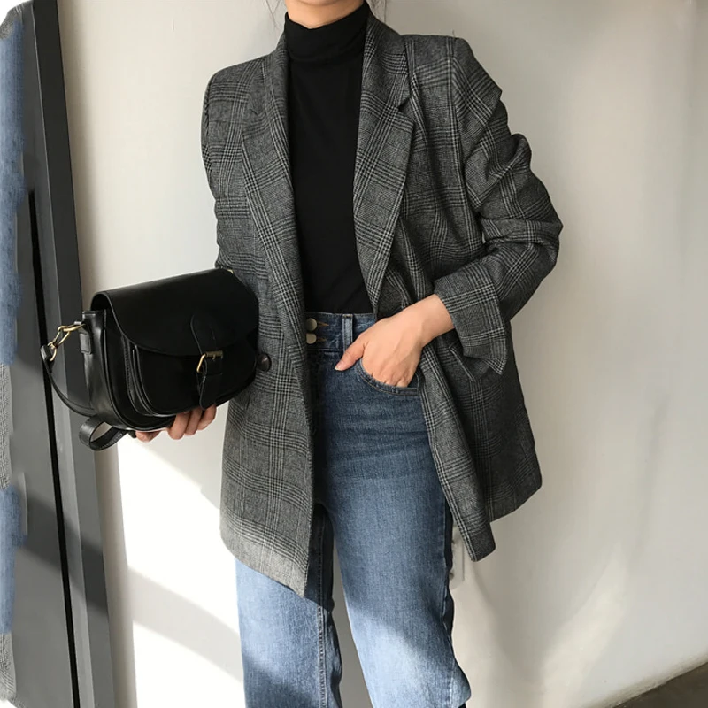 2021 Spring autumn Plaid Blazer Women double breasted Long Sleeve Suit Jacket Female Casual Coat |