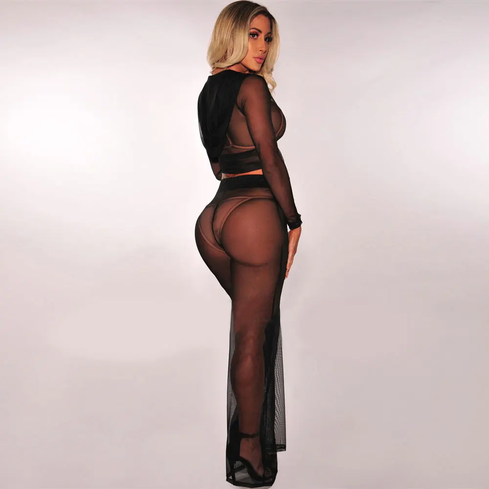 BKLD Knitted Mesh Hooded Zipper Crop Top Female Autumn 2018 See Through Sexy Loose Trousers Nightclub Party Two-Piece Sets | Женская