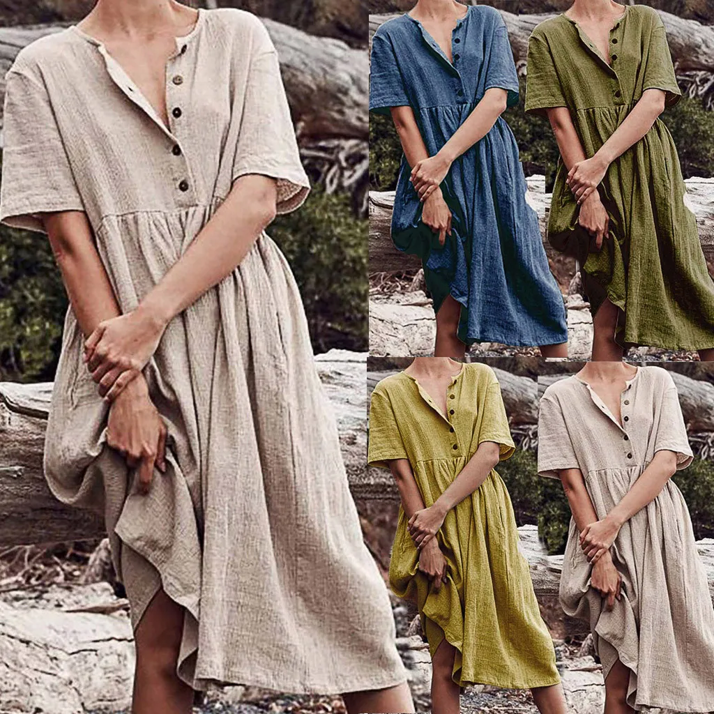 Летнее однотонное длинное хлопковое и льняное платье на пуговицах с круглым