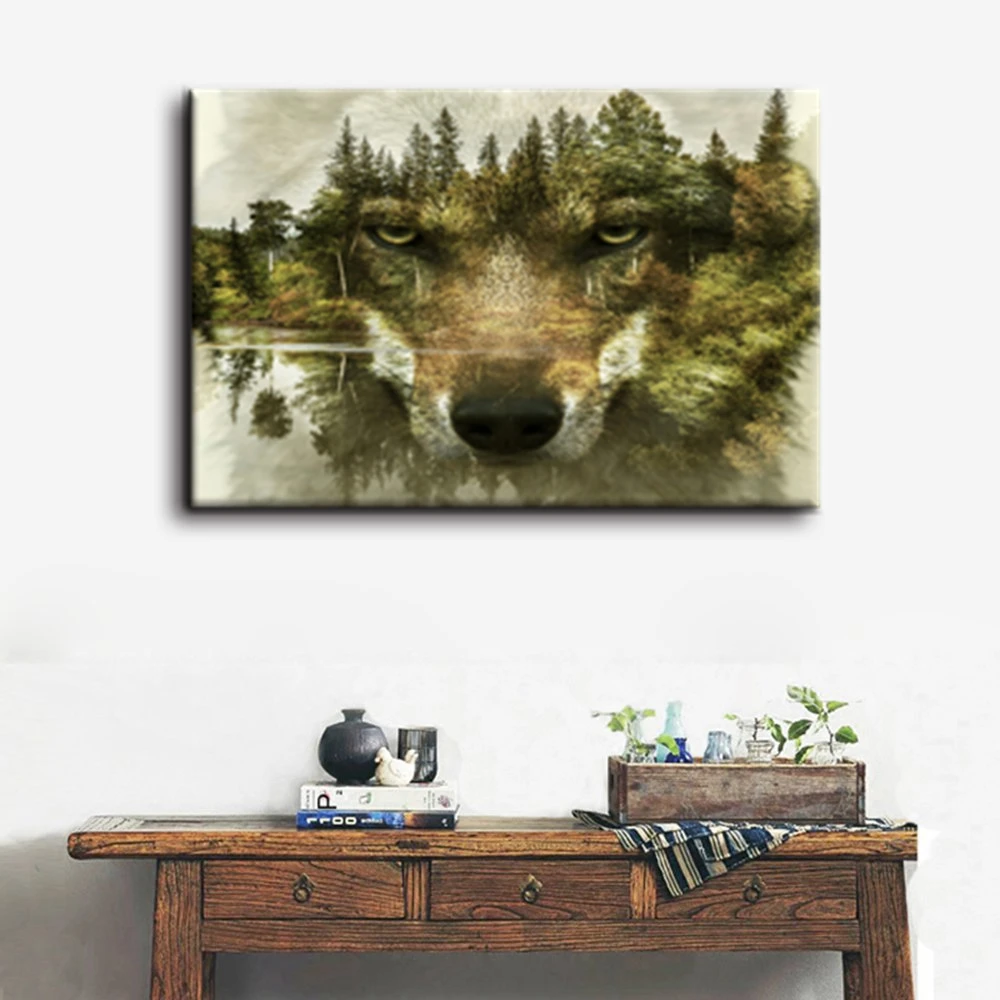 

Hallway Abstract Home Decoration Wolf Pine Trees Forest Water Wolf Animal Print On Canvas Giclee Artwork for Office Wall Decor