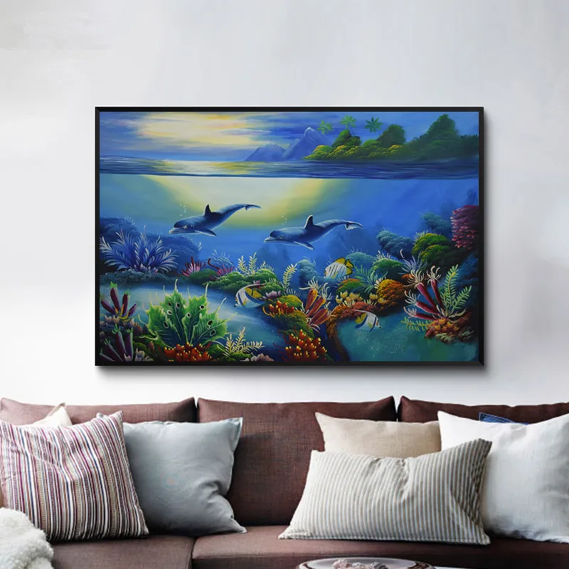 

Hand painted canvas oil paintings Cartoon Underwater World Dolphin painting Modern wall art for living room decorative picture