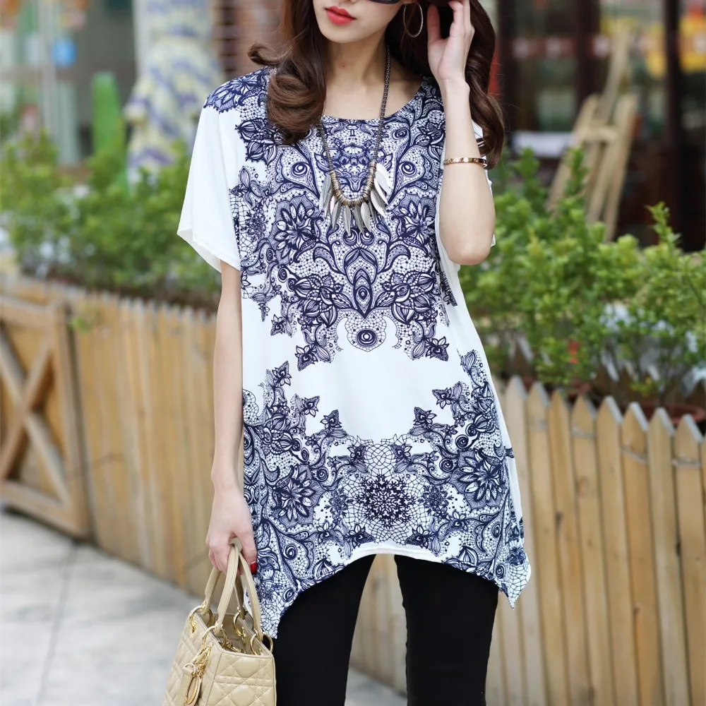 

NEW 2018 spring summer women casual print short sleeve o-neck tops & tees plus size loose flower t shirts tunic 5XL
