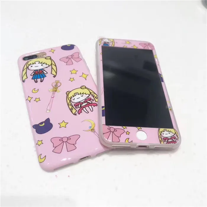 Для iPhone 7 7Plus чехол из закаленного стекла пленка для iPhone7 6s Plus TPU Сейлор Мун кролик милый мультяшный протектор