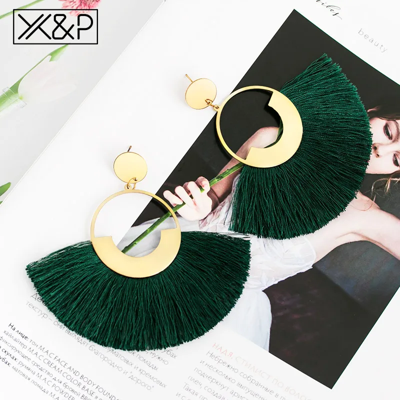 Green 2 X& P модные богемные серьги с большими кисточками для женщин трендовые массивные крупные висячие серьги с бахромой Za Pendientes ювелирные изделия - Окраска металла: Green 2