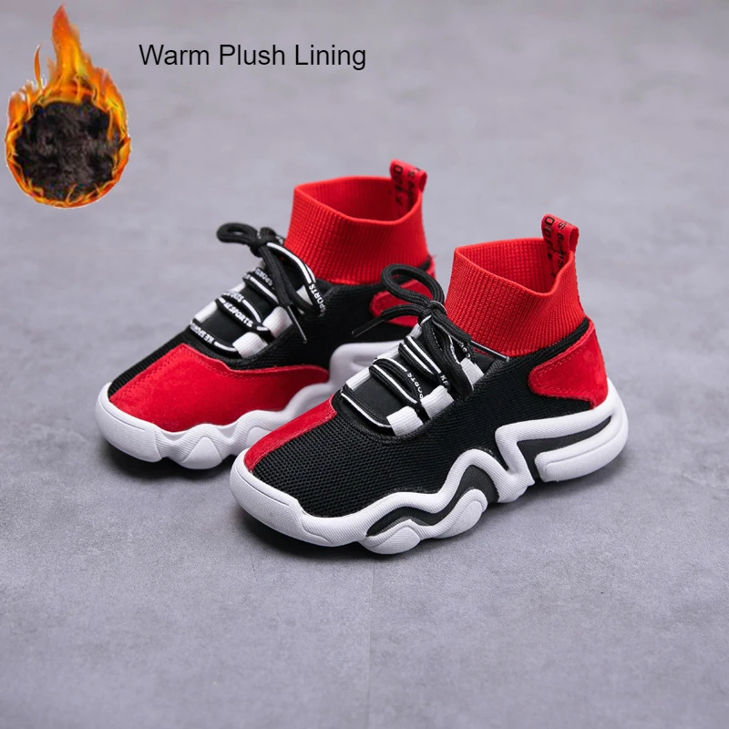 Warm Lining Red Весна г., модные носки для девочек и мальчиков стильные кроссовки для малышей, маленьких и больших детей, высокие кроссовки на шнуровке, детские школьные повседневные туфли - Цвет: Warm Lining Red