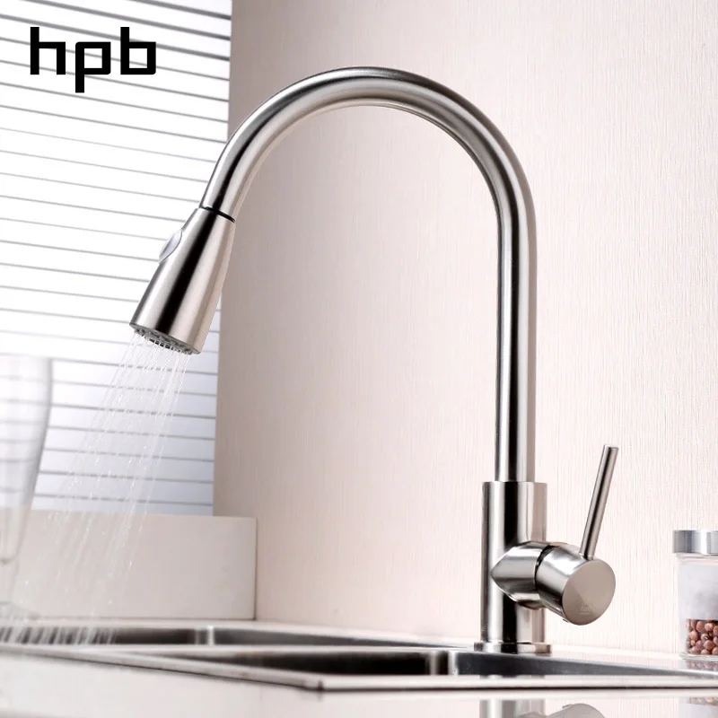 HPB Pull Out Kitchen Faucet Mixer Tap Rotatable Single Handle Sink Brass Chrome Brushed Finish Hot and Cold Water HP4104 | Обустройство