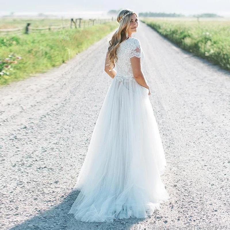 JIERUIZE белые кружевные аппликации тюль Boho свадебный наряд с короткими рукавами
