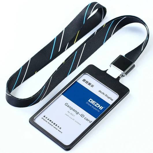 black stripe set DEZHI глянцевый Бизнес ID держатель для карт с 1,5 см шейный ремень, металлический чехол для визиток с ремешком, индивидуальный логотип держатель - Цвет: black stripe set
