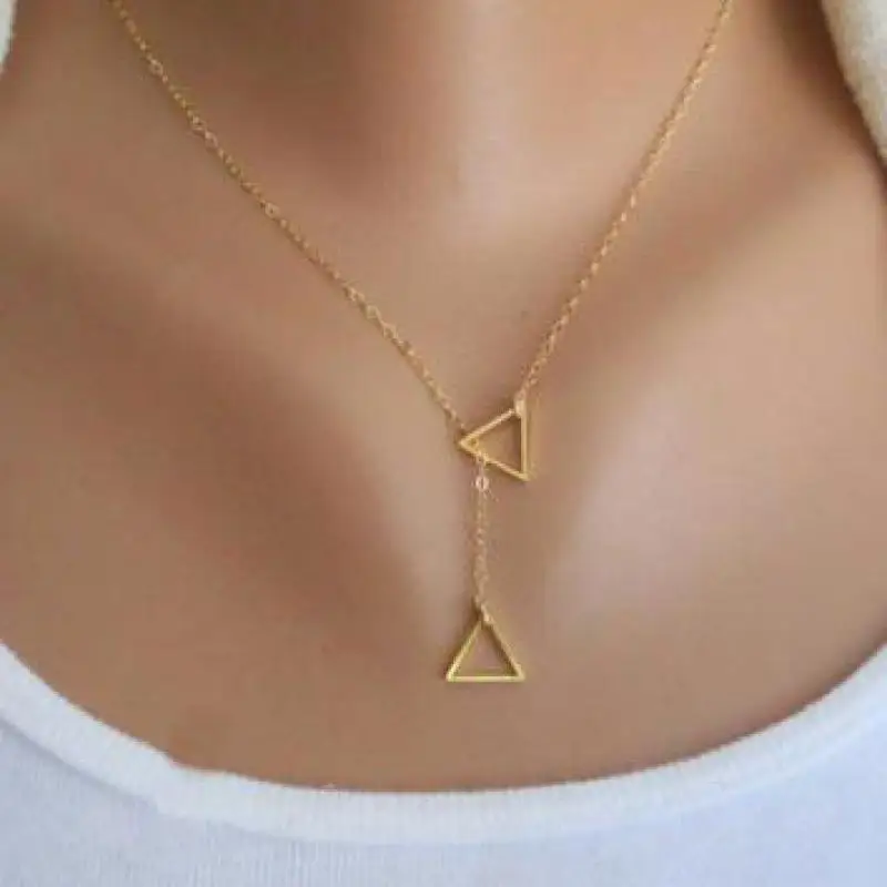 Женское простое двойное треугольное серебряное и золотое ожерелье с кулоном