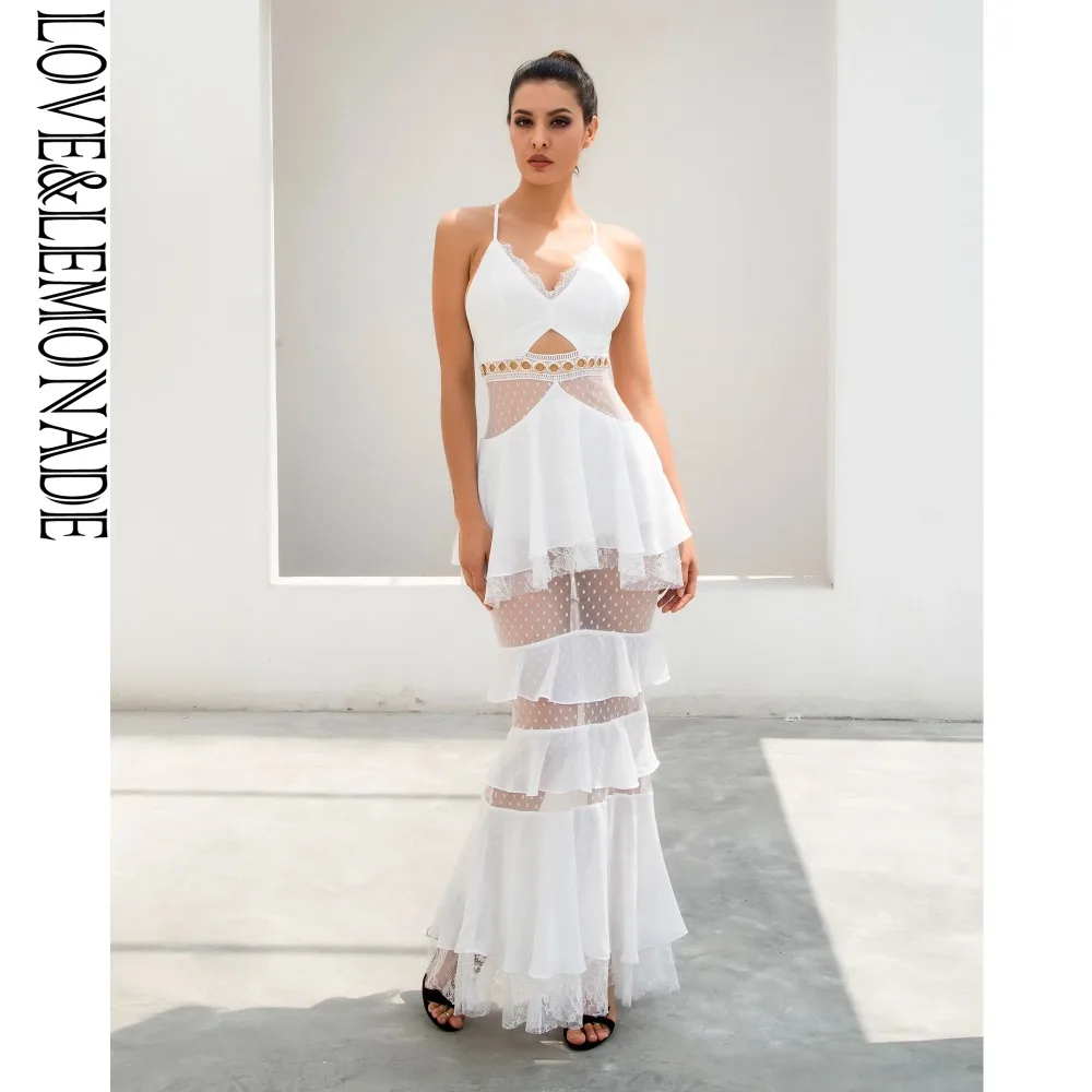 LOVE & LEMONADE белое многослойное платье с оборками шифон кружевное длинное летнее