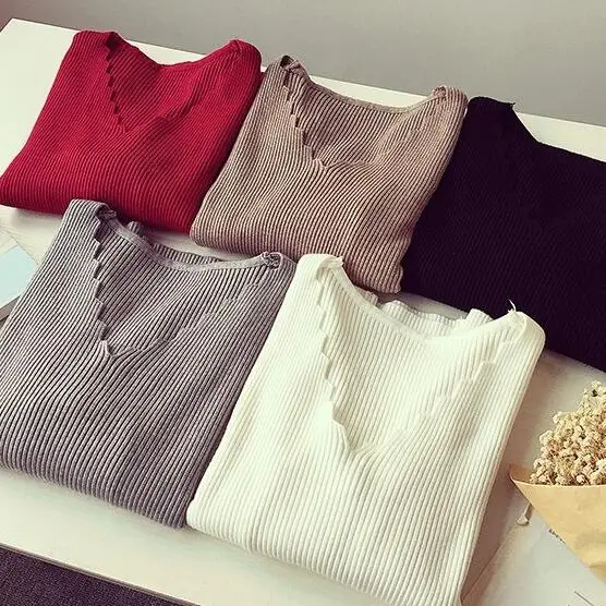 Autumn Sweaters Women 2019 Sexy Ladies V-neck Long Sleeve Knitted Jumpers Female Korean Bottom Pullovers Winter Elastic Clothes | Женская