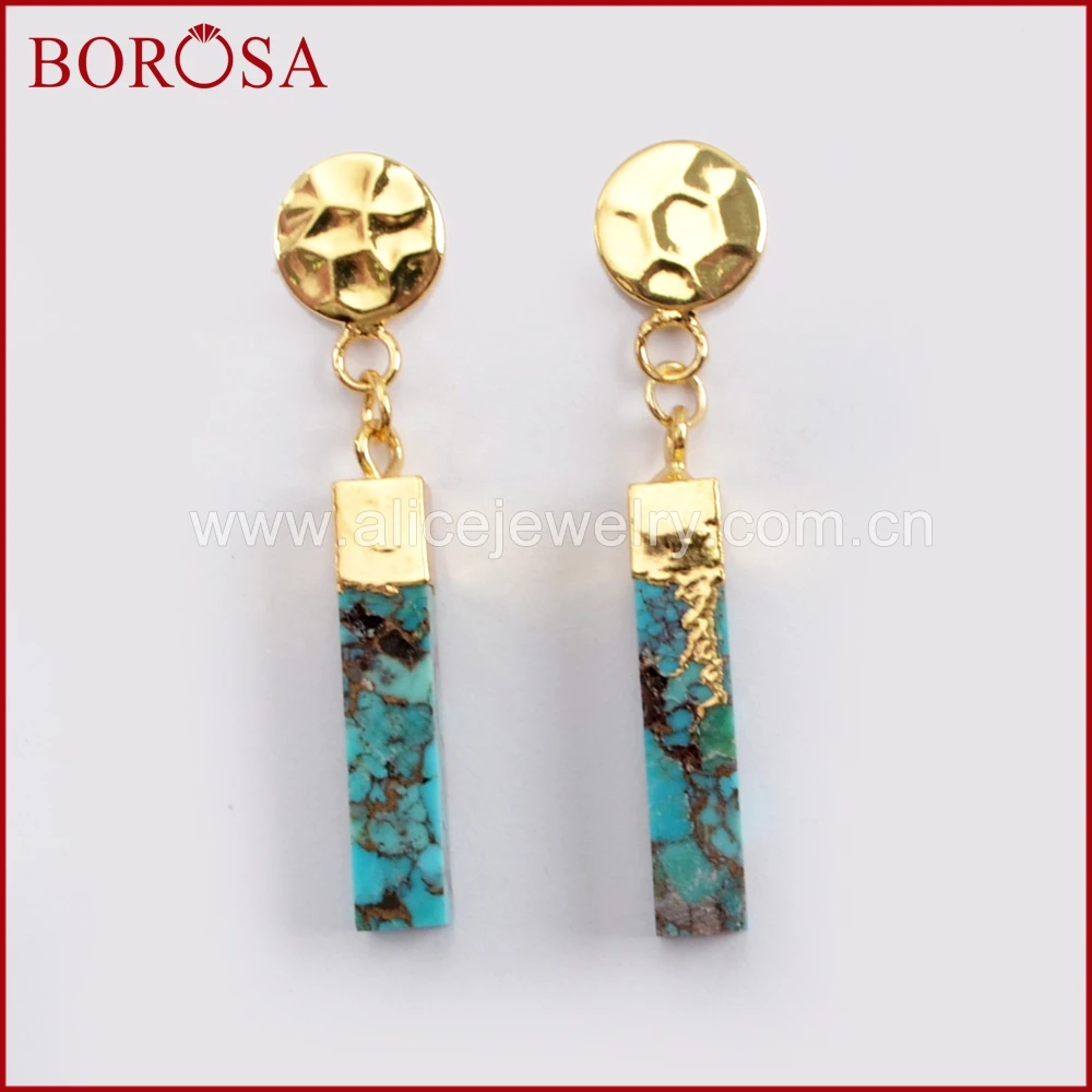 BOROSA 5 пар натуральный медный Бирюзовый серьги друзы камень кубовидный бар с золотыми серьги со свисающими монетами для милых леди fG1630