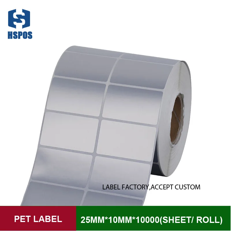 

25*10mm*10000sheets double row sliver label stickers Thermal transfer PET label paper for jewelry tag, warranty mark