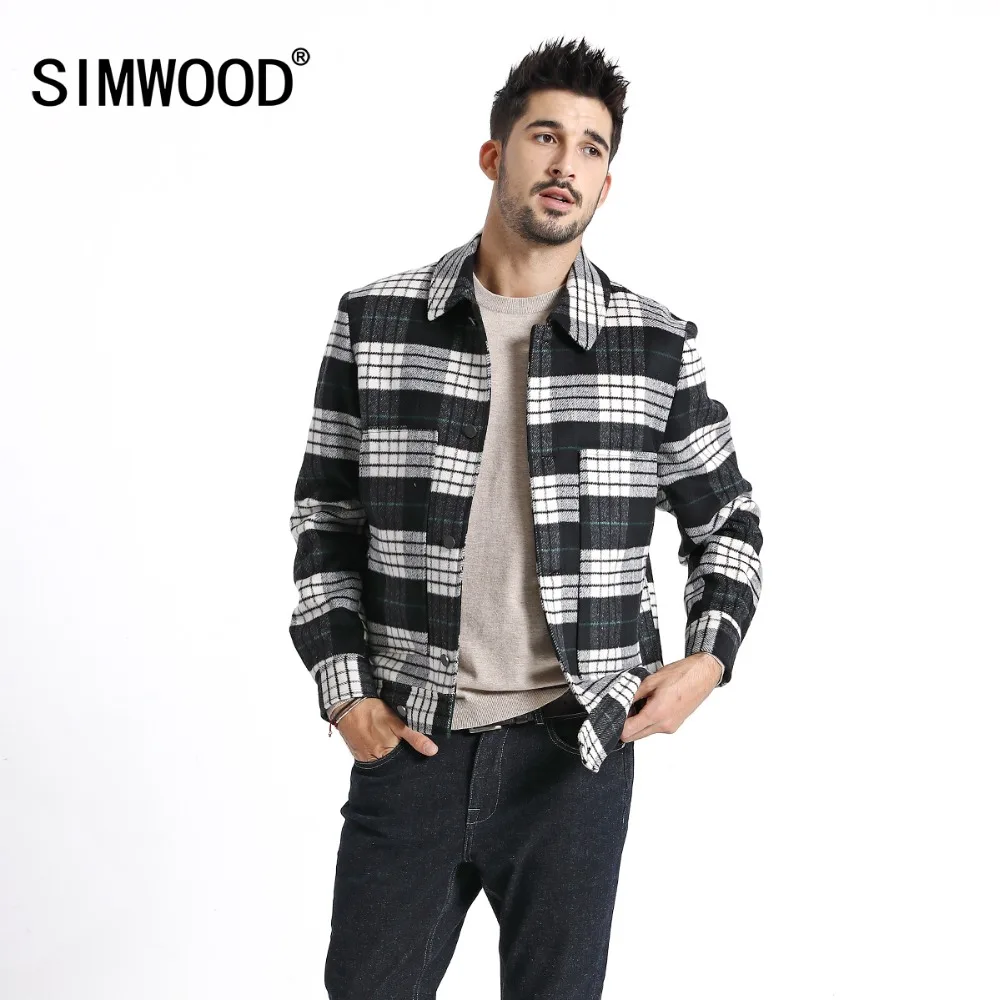 Демисезонная мужская куртка SIMWOOD, клетчатый жакет из смески шерсти,, повседневная верхняя одежда, 180618