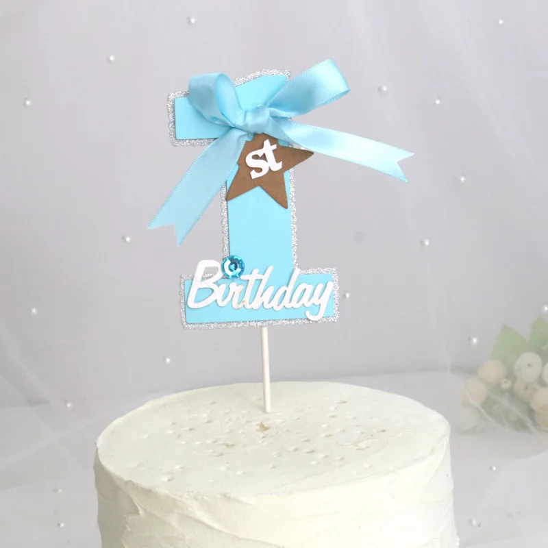 2 шт./лот Топпер для торта на 1 й день рождения розовая синяя лента Baby Shower топпер