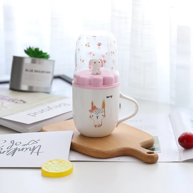Happy Мультфильм розовый кролик 3D микро пейзаж кружка для кофе дети молоко чашки Творческий Сплит Тип крышка Canecas Tazas Para Taza кафе - Цвет: Happy