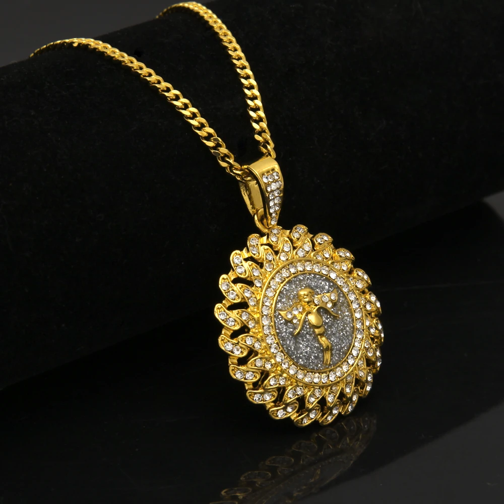 Ожерелье с подвеской в стиле хип хоп золотого цвета виде ангела со льдом из