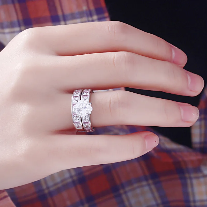 TONGLiN 2pcs/lot 925 Sterling Silver Double Rings Set Engagement Cubic Zirconia Ring For Women Female Ladies Lover Party Wedding | Украшения
