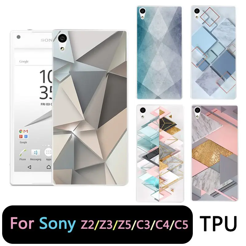 QMSWEI TPU Clear Soft Phone Case For Sony Z3 Z2 Z5 Z4 Grid Triangle Marble Printed Design Cute Style BackCover C3 C4 C5 |