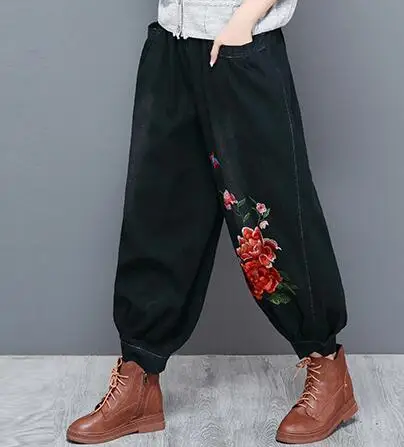 Повседневные джинсы размера плюс с эластичной талией вышивка шаровары женский