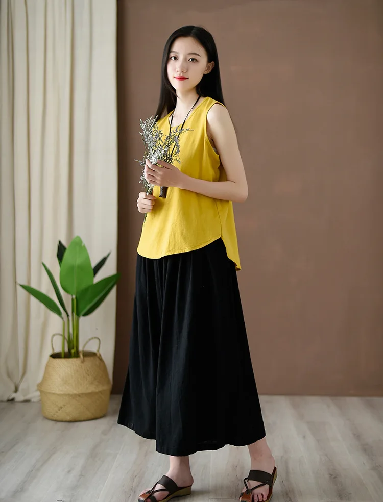 OriGoods Linen Tank Top Women Loose Casual Summer Tank Tops Solid Black White Yellow Red White Tank top Kawaii Cute Tops C223