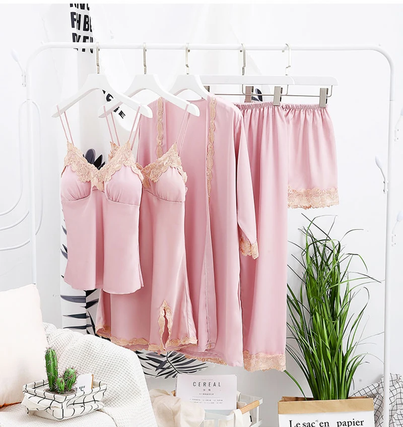 SILKBEUTY пижамы женские пять комплект летний жилет+ халат ночная рубашка брюки шорты для женщин лед Шелковая пижама