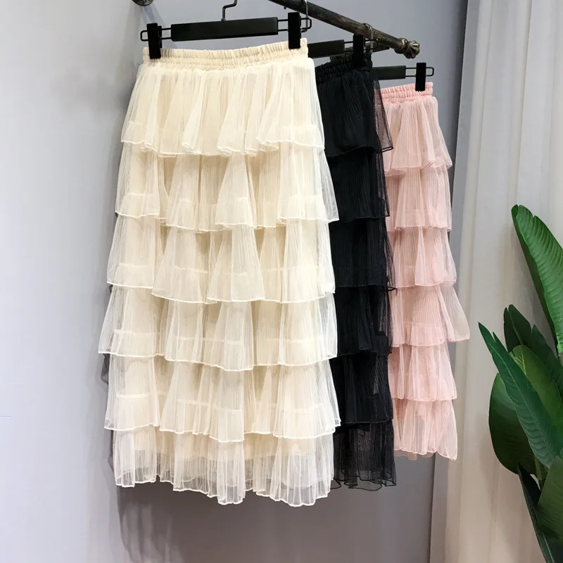 Женская длинная сетчатая юбка плиссированная средней длины с эластичным поясом