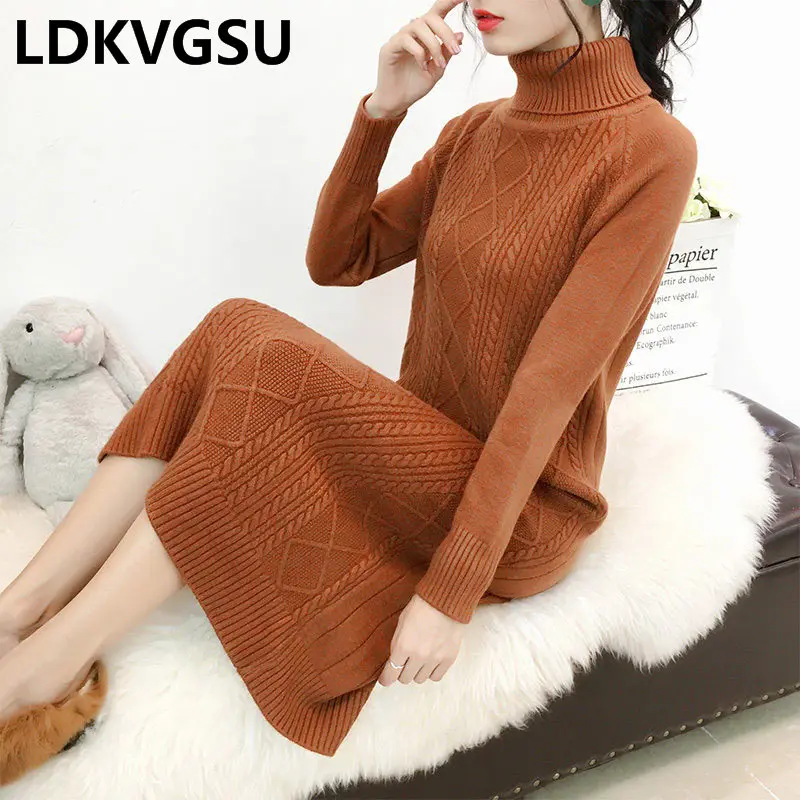 Lazy Wind Long Pullover Sweater Female 2020 New Autumn Winter Solid Color Turtleneck Loose Wild Women Knit Dress Is1376 | Женская одежда