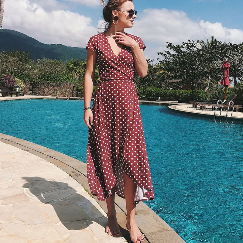 

LIVA New V-neck Wave Point Long Dress Sexy High Split Party Dress Casual Plus Size Summer Beach Dresses Maxi Dress Vestidos