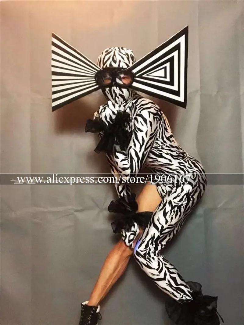 Сексуальный женский комбинезон зебра с головным убором для ночного клуба