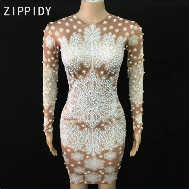 

White Printed Fashion Pearls Stones Spandex Dress Nightclub Female Singer Prom Birthday Dress Evening Women Dance Show Wear