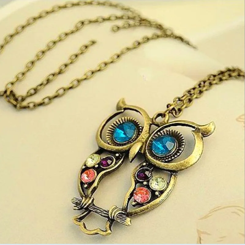 

Alloy Korean Version Jewelry Retro Color Drill Hollow Carved Lovely Owl Necklace