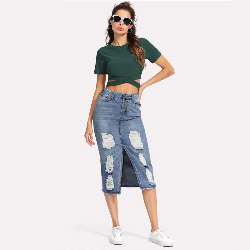Dotfashion синяя джинсовая юбка с разрезом спереди, Женская Повседневная, уличная Весенняя летняя Женская корейская модная юбка