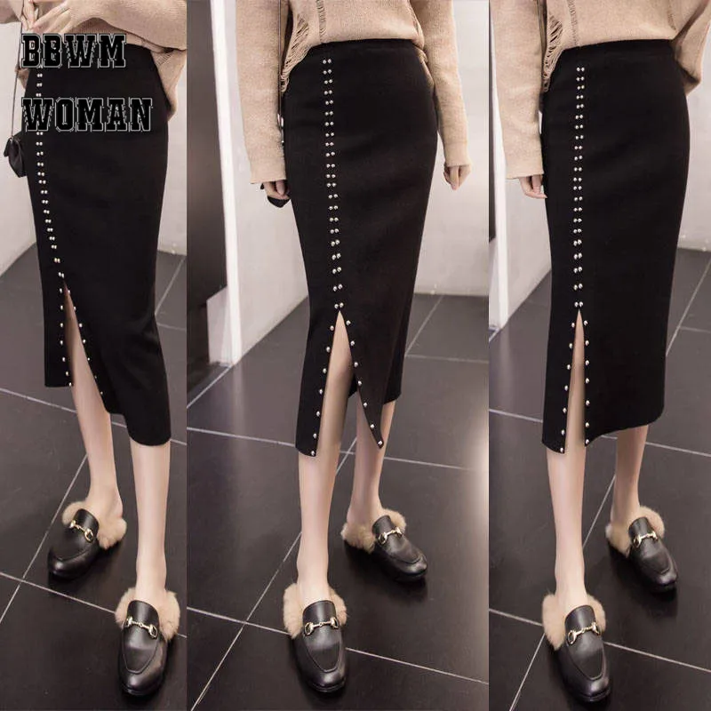

2018 Autumn A Word Skirt Black Female Split Long Bag Hip Knit Half Skirts ZO956