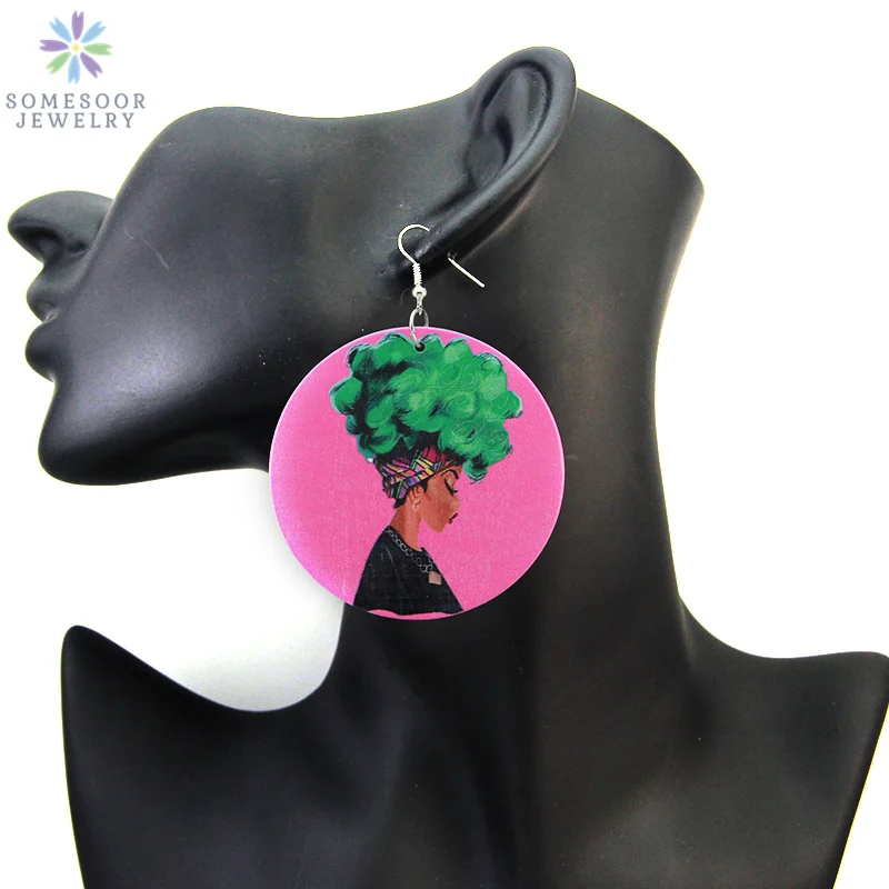 

SOMESOOR Vintage Afro Natural Hair Woman Printed Wooden Drop Earrings African Art Circle Design Black Pendant Ear Jewelry Gifts