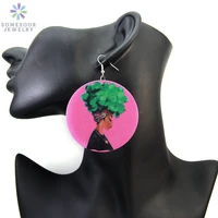 somesoor vintage afro natural hair woman printed wooden drop earrings african art circle design black pendant ear jewelry gifts