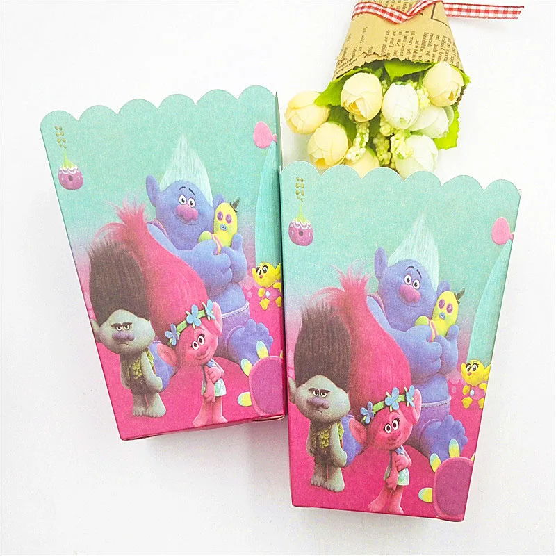 Popcorn Boxes 6pcs Вечерние принадлежности тролли скатерти соломинки салфетка для чашек тарелка Вилка Нож фестиваль украшения тематика "Тролли" на день рождения вечерние сувениры - Цвет: Popcorn Boxes 6pcs