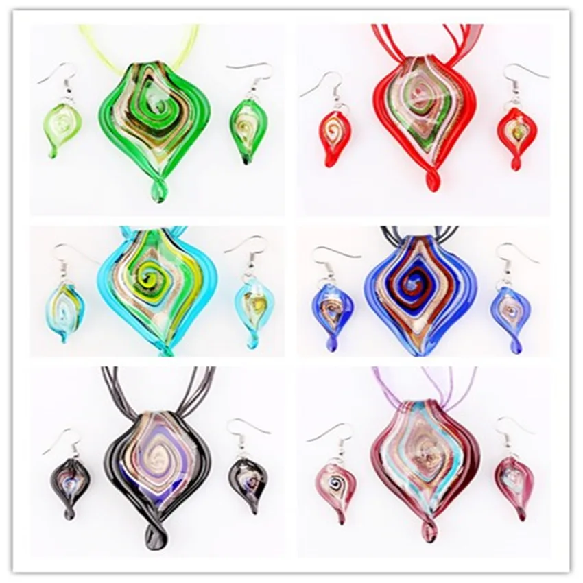 

QianBei Wholesale Bulk 6sets Murano Lampwork Glass Big Leaves Pendant Silver P Beauty Charms Necklace+Earrings For Women Gift