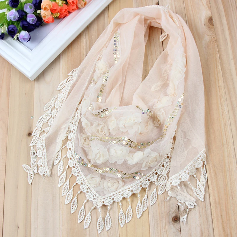 

Female Women Tassel Shawls And Scarves Autumn Women Silk Flower Lace Triangle Pendant Scarf Fashion Women Scarf