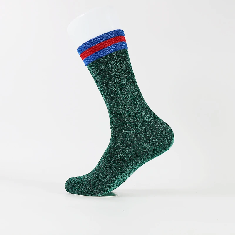 Женские полосатые носки с люрексом DONG AI черно зеленые дизайнерские в японском