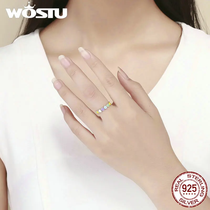 WOSTU Hot Sale 925 Sterling Silver Multi-Color Rainbow Heart Finger Rings For Women Fashion Anniversary Ring Jewelry Gift CQR444