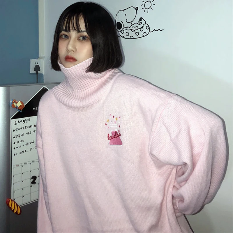 New Autumn Sweater Cotton Women 2019 Fashion High Collar Pink Loose Harajuku Cartoon Embroidered Female #6071 | Женская одежда