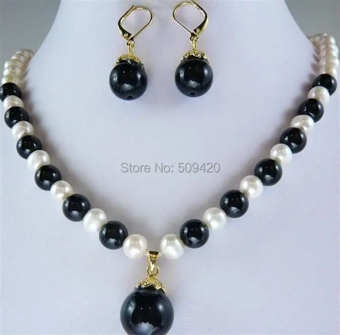 

7-8MM White Pearl &Black jade stone Necklace Earring Set 18"